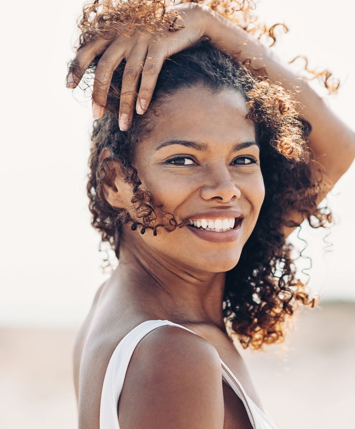 Newport Beach chin liposuction model, smiling