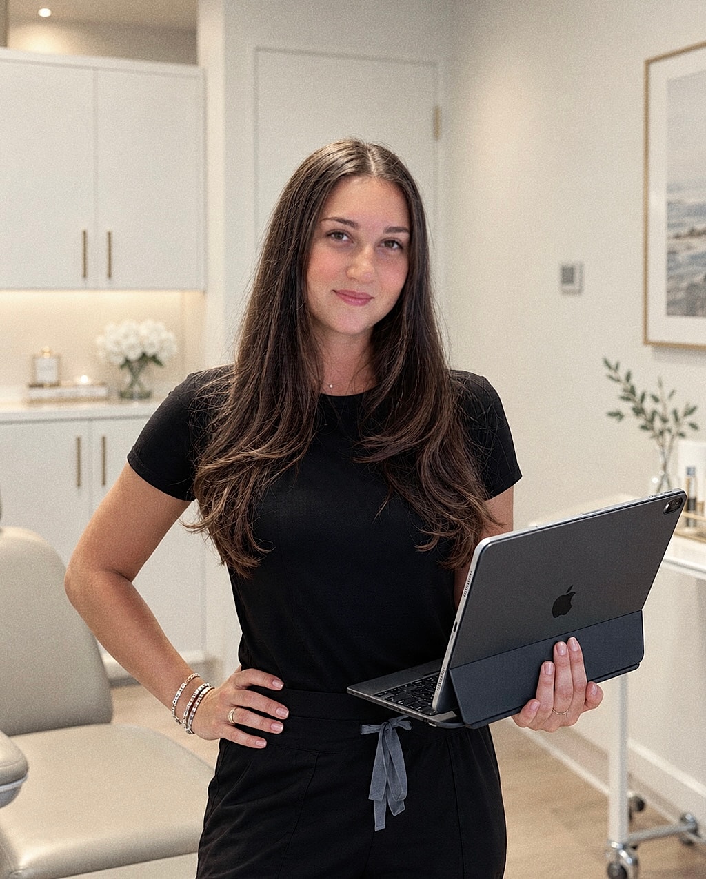 Woman with a laptop in a modern office.